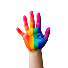Concepto de orgullo gay. La mano est&aacute; pintada con un arco&iacute;ris. Bandera arco&iacute;ris LGBT del orgullo gay sobre fondo transparente aislado