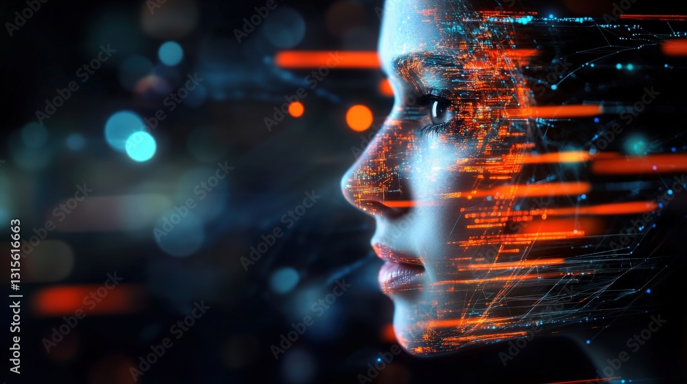 Poster digital transformation of human identity urban environment visual art futuristic setting profile vie