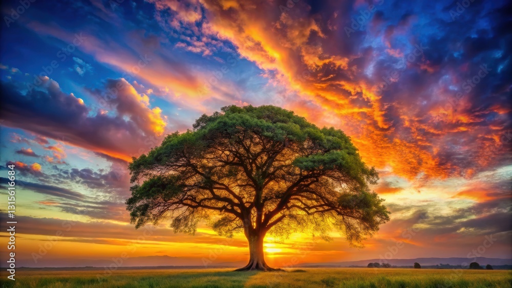 Poster majestic tree with equal branches standing tall in a wide open field under a clear blue sky