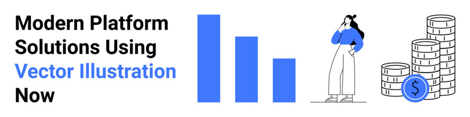 Woman analyzing bar chart, stacks of coins with dollar sign. Ideal for data analytics, finance, innovation, business strategy, market trends, modern platforms, flat landing page banner