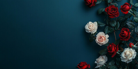 Elegant Romantic Backdrop with Red Roses on Dark Blue for Valentine's Day or Wedding Photography