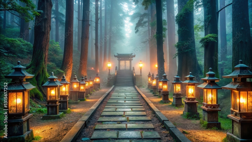 Poster tranquil path through a lush forest lined with glowing trees and sunlight filtering through leaves