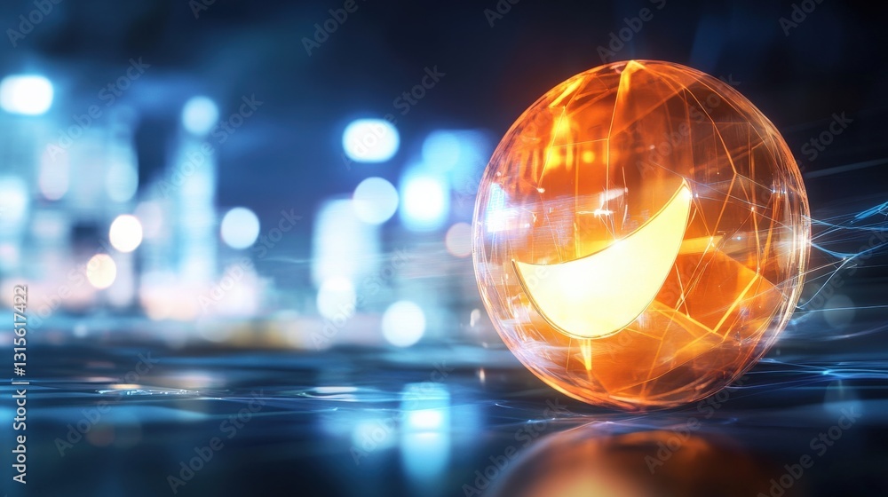 Poster dynamic digital sphere with smiling face futuristic cityscape abstract art high-tech environment clo