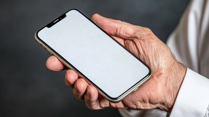 Elderly hand holding a blank modern smartphone for presentation against a dark background