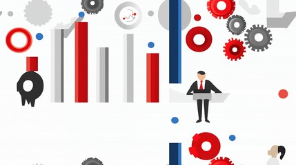 Abstract Business Growth Illustration with Red and Gray Charts Gears and Businessman