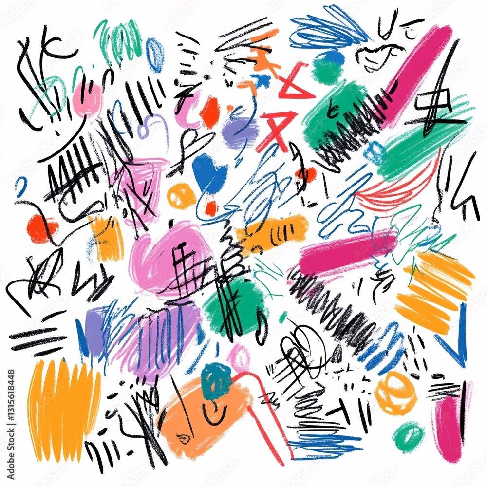 Poster artistic exploration of scribbled lines and freeform shapes on a bright canvas