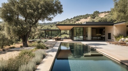 Fototapeta premium Bright and airy minimalist house with a glass facade, clean architectural form, and natural surroundings