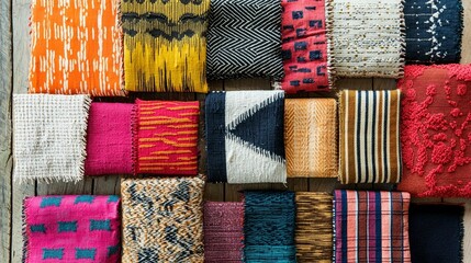 Colorful textile samples arranged in rows on wooden surface, showcasing diverse patterns and textures.