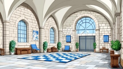 Elegant hall with checkered pattern floor. Bright interior for events and gatherings