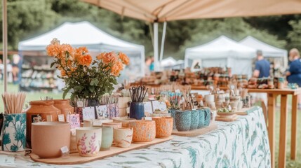 Colorful Pottery and Artisanal Crafts at Outdoor Market Stall