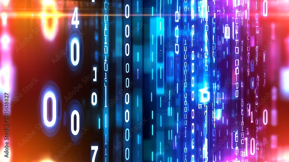 Poster abstract digital data stream background with glowing blue and red numbers