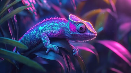 Iridescent chameleon amidst lush foliage displaying radiant neon spectrum shift