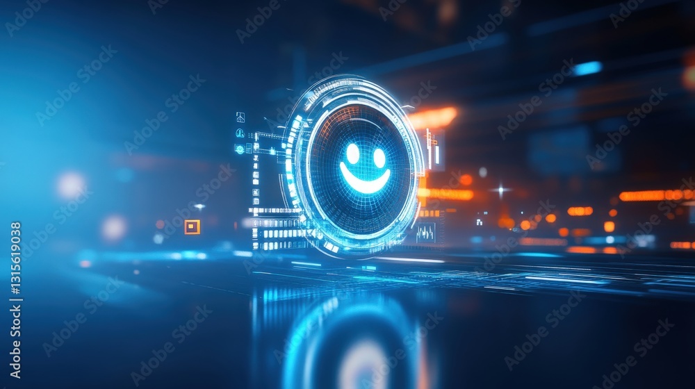 Poster futuristic smile icon animation digital space video content tech environment close-up view positive 