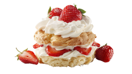 Delicious strawberry shortcake dessert with whipped cream on transparent background