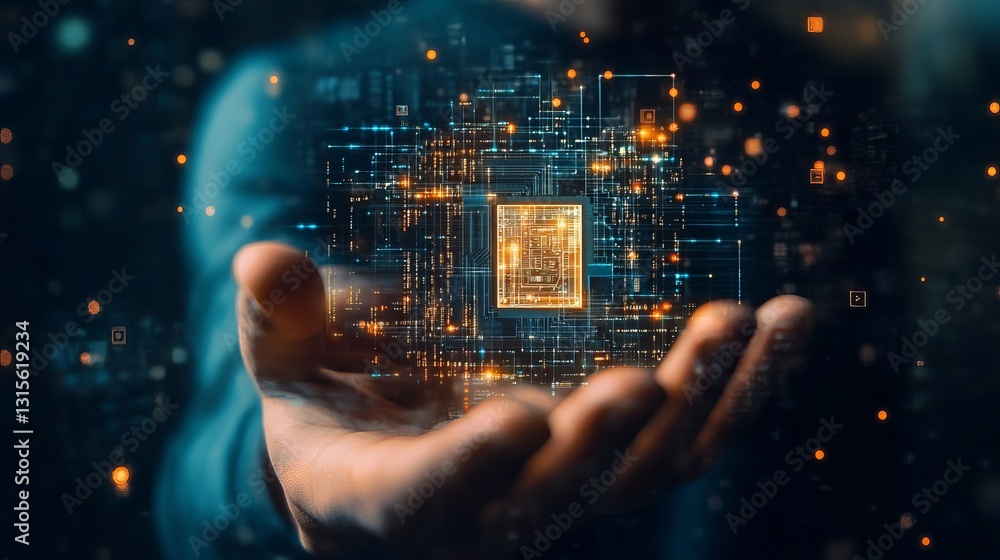 Poster digital technology innovation futuristic circuit board microchip hand holding abstract network data 