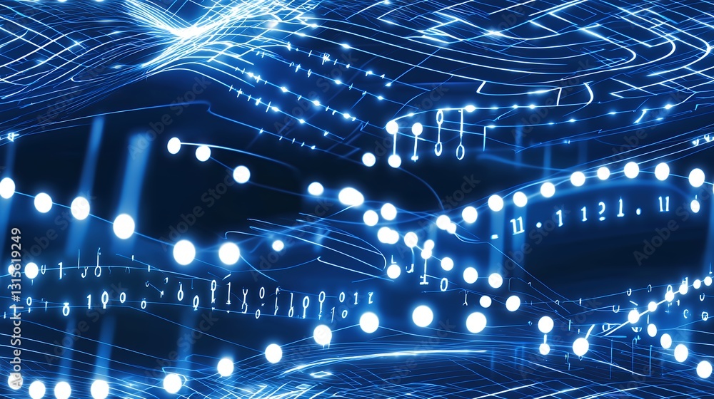Poster abstract digital network visualization glowing blue points and lines dark background