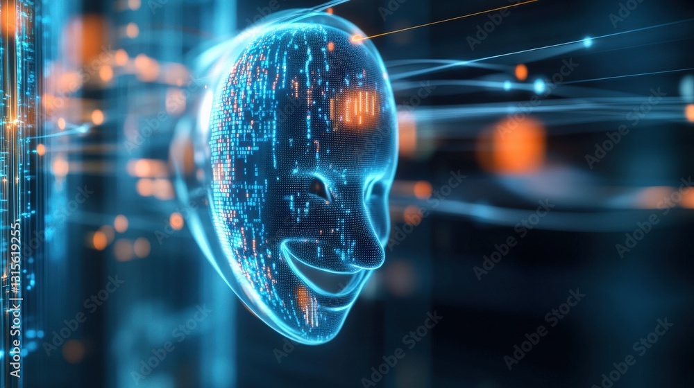 Poster digital face creation in futuristic technology environment artificial intelligence data visualizatio