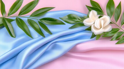 Obraz premium Elegant silk with flowers and leaves on pink and blue for beauty product presentation