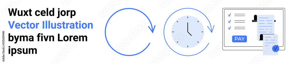 Poster circular arrows signify process flow, clock indicates timing, document and pay button reflect online