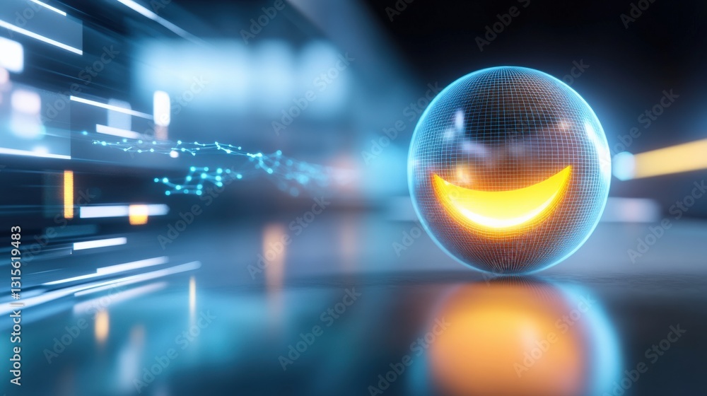 Poster futuristic smiling sphere digital realm 3d animation high-tech environment close-up view playful con
