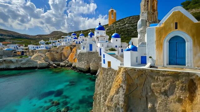 Stunning coastal view of Adamas in Milos Island showcasing Greek architecture and vibrant blue waters, Greece island travel landscape Milos island Adamas city