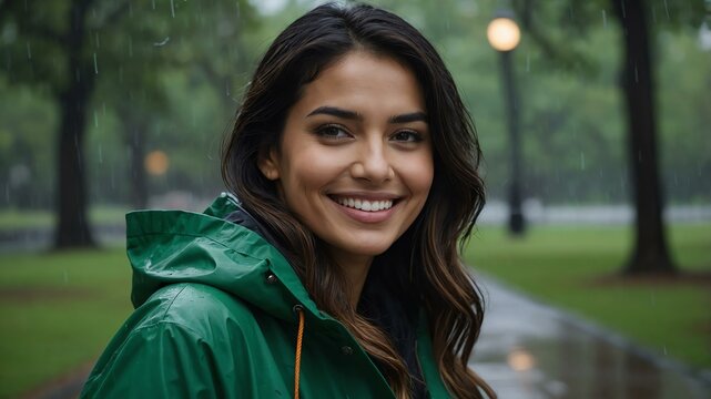 Good-looking hispanic woman in green raincoat on a rainy park background smiling for ad concept space for text