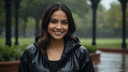 Good-looking hispanic woman in black raincoat on a rainy park background smiling for ad concept space for text