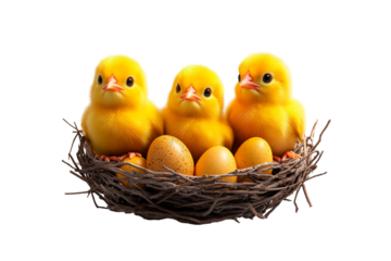 Cute yellow chick eggs easter nest isolated on transparent background