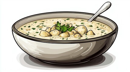 Creamy mushroom soup in a bowl with a spoon.