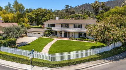 Classic suburban two-story house with a white picket fence, green lawn, and welcoming porch