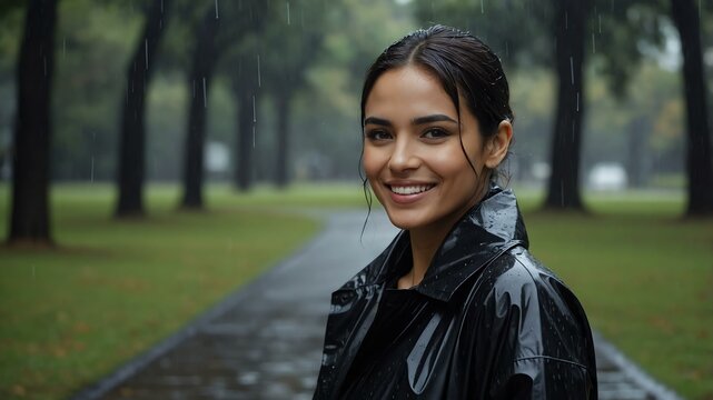 Good-looking hispanic woman in black raincoat on a rainy park background smiling for ad concept space for text