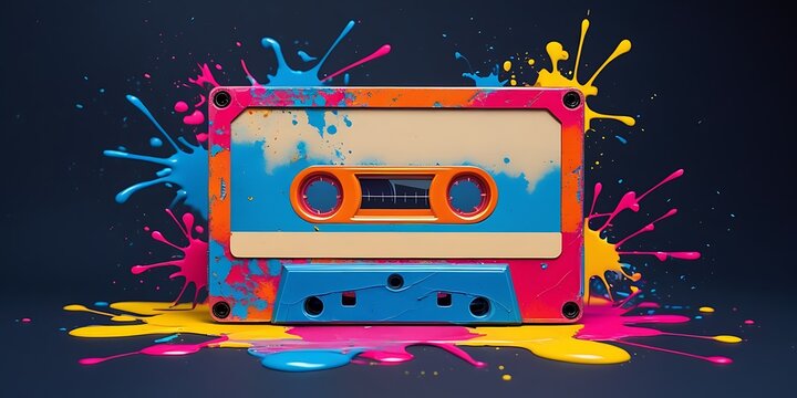 Retro blue cassette tape with pink and yellow accents set against a dynamic background of colorful paint splashes, capturing a nostalgic pop-art vibe perfect for music, art, and vintage themes.

