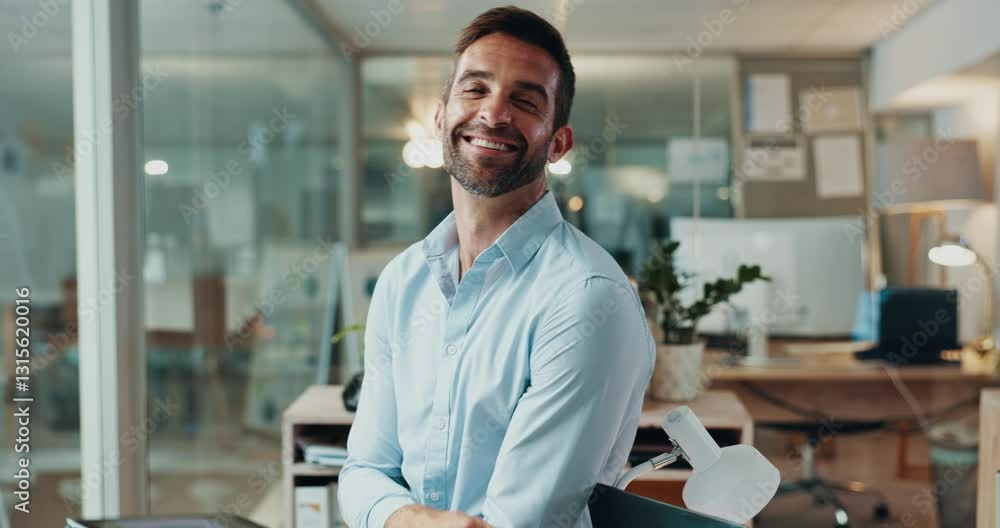 Poster face, tablet and happy with business man in office for project manager, deadline schedule and planni