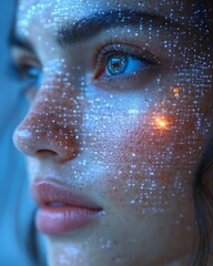 Close-up Portrait of a Woman with Glowing Particle Skin Overlay, Evoking Futuristic Beauty and Digital Enhancement, Featuring a Striking Blue-Orange Color Palette