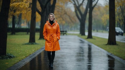 Fototapeta premium Good-looking caucasian woman in orange raincoat on a rainy park background smiling for ad concept space for text