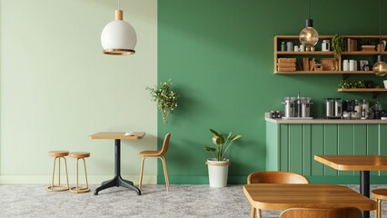 Modern Green and Beige Cafe Interior Design with Wooden Furniture