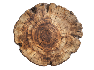 Round cross-section of aged oak tree showcasing growth rings