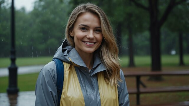 Good-looking caucasian woman in gray raincoat on a rainy park background smiling for ad concept space for text