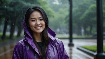 Good-looking asian woman in purple raincoat on a rainy park background smiling for ad concept space for text