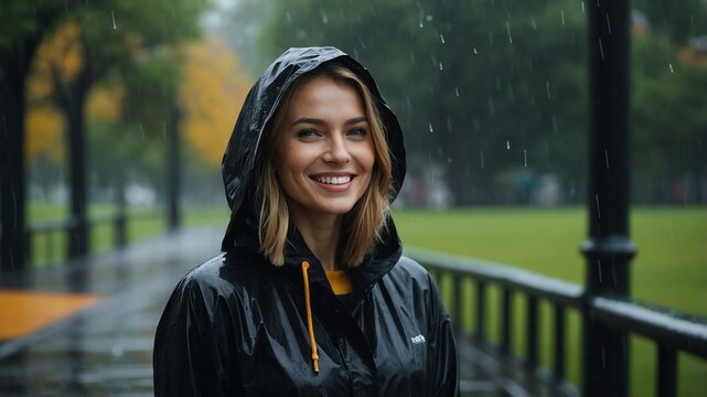 Good-looking caucasian woman in black raincoat on a rainy park background smiling for ad concept space for text