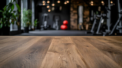 A wooden floor leads to blurred gym equipment and exercise items