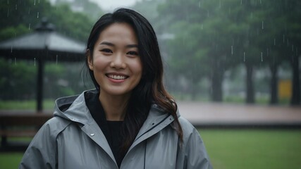 Good-looking asian woman in gray raincoat on a rainy park background smiling for ad concept space for text