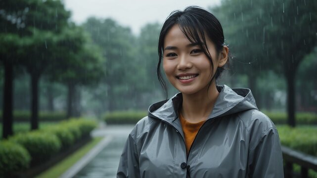 Good-looking asian woman in gray raincoat on a rainy park background smiling for ad concept space for text