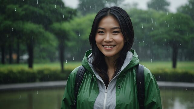 Good-looking asian woman in green raincoat on a rainy park background smiling for ad concept space for text