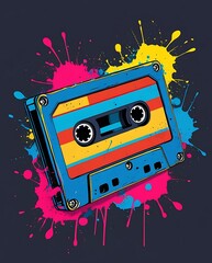 Retro blue cassette tape with pink and yellow accents set against a dynamic background of colorful paint splashes, capturing a nostalgic pop-art vibe perfect for music, art, and vintage themes.

