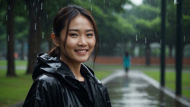 Good-looking asian woman in black raincoat on a rainy park background smiling for ad concept space for text