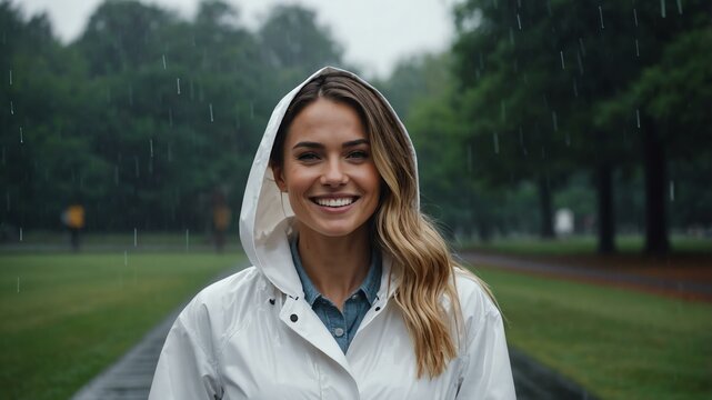 Good-looking american woman in white raincoat on a rainy park background smiling for ad concept space for text