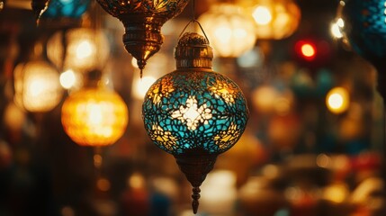 Colorful Moroccan Lanterns Illuminating an Artistic Market Scene
