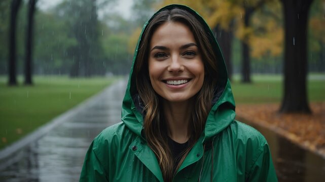 Good-looking american woman in green raincoat on a rainy park background smiling for ad concept space for text
