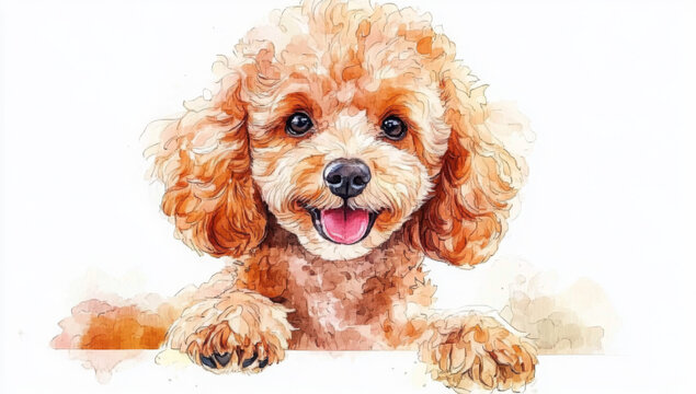 Cheerful poodle portrait with a fluffy coat, capturing joy and playfulness in vibrant watercolor style.
